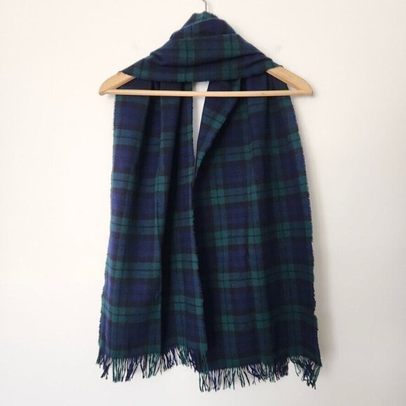 Vtg 90s Plaid Scarf Fringe Green Blue Men's Cozy Winter Preppy Check 12 x 60 - Picture 2 of 10